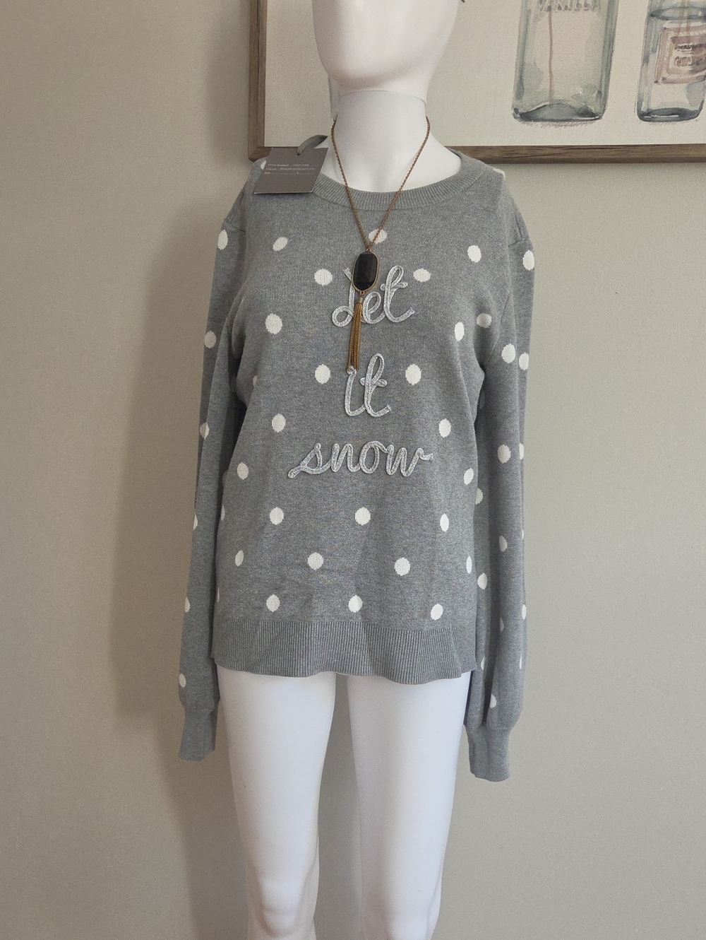 Marled Grey and White 'Let It Snow' Polka Dot Crewneck Sweater